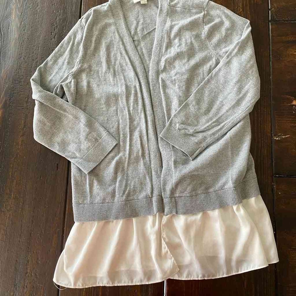 Gray Cardigan with Cream Hem